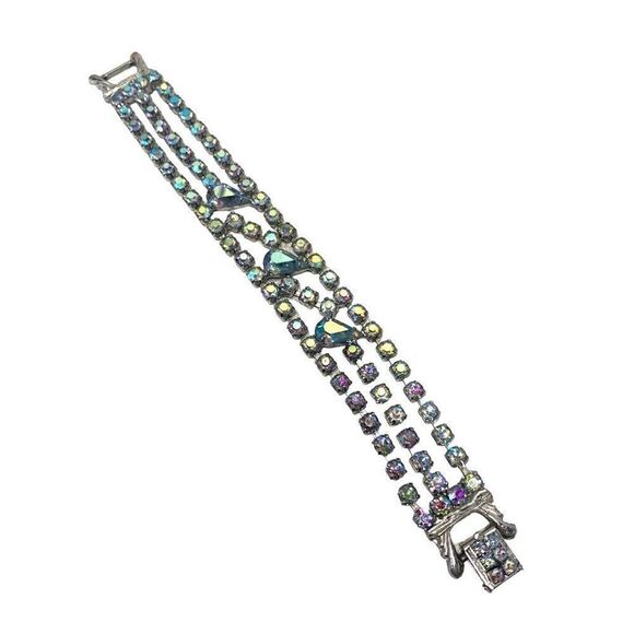 Vintage 50s Dazzling Blue Brilliant AB Prong Set Glass Rhinestones 4Row Bracelet - Picture 1 of 10